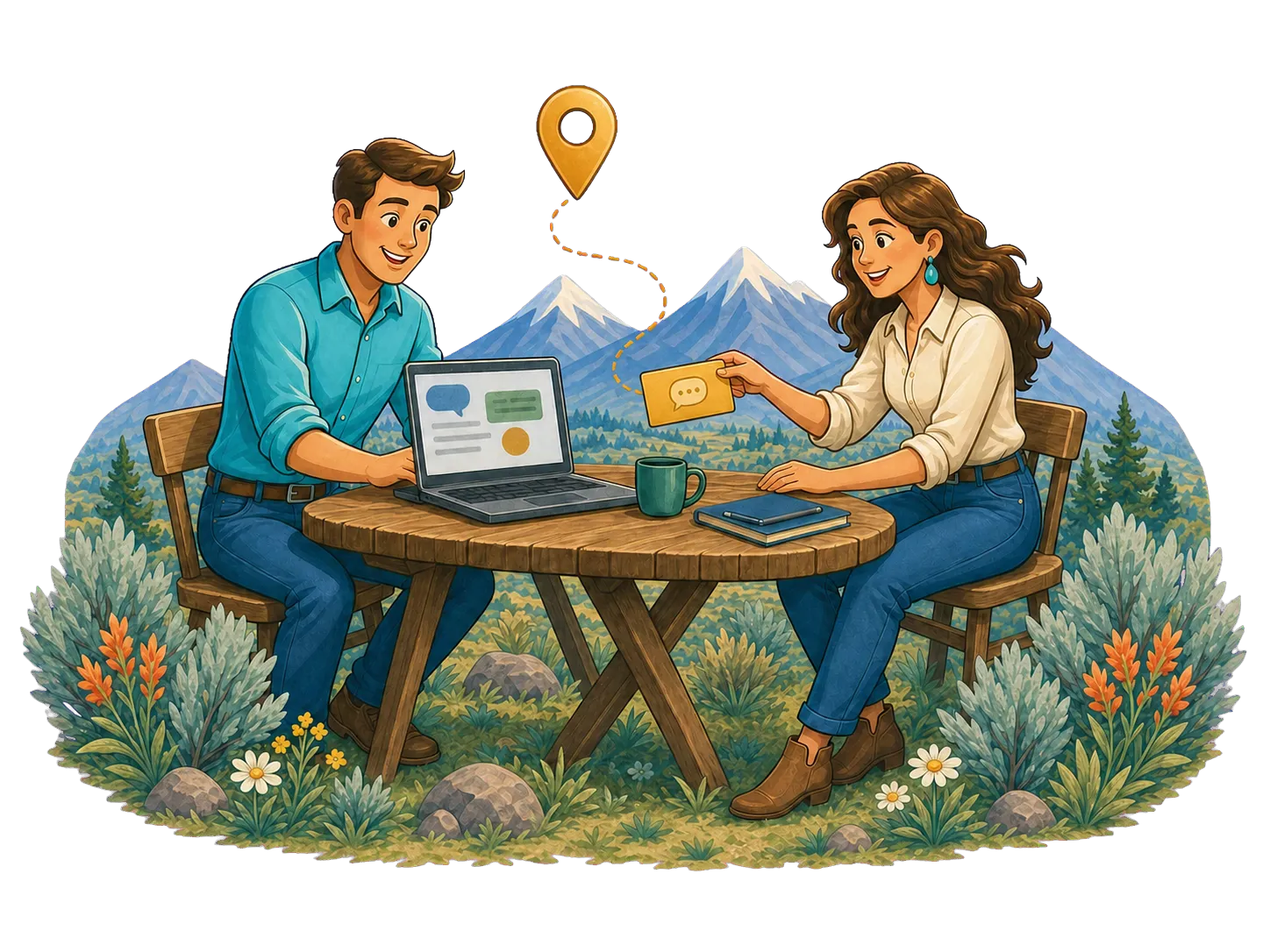 Two Wyoming entrepreneurs sharing a message and collaborating around a laptop